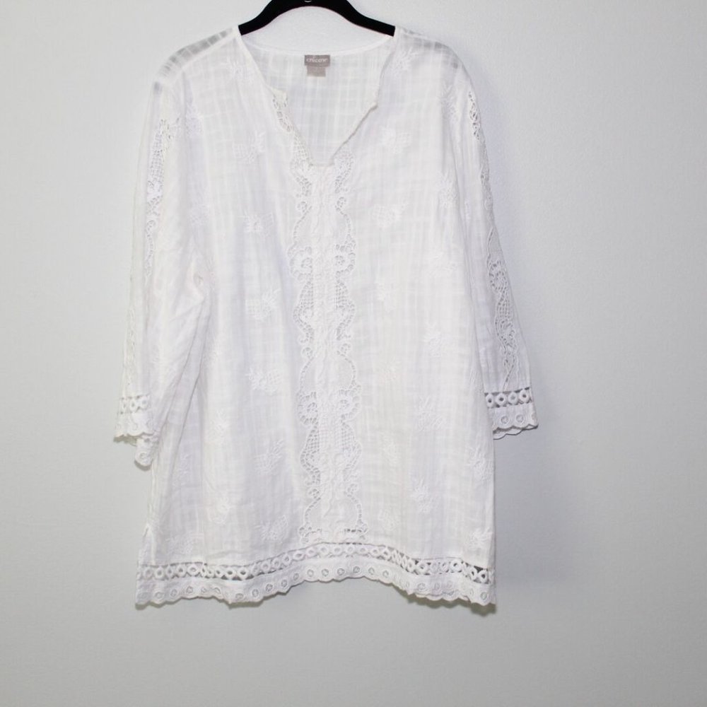 Chico's Lace Crochet Eyelet Trim Blouse White Peasant Top Size 3 16/18 H13471 - Picture 2 of 12